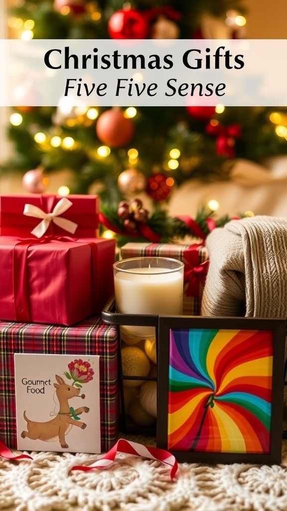 A collection of Christmas gifts for the five senses, including a candle, food basket, blanket, and art print.